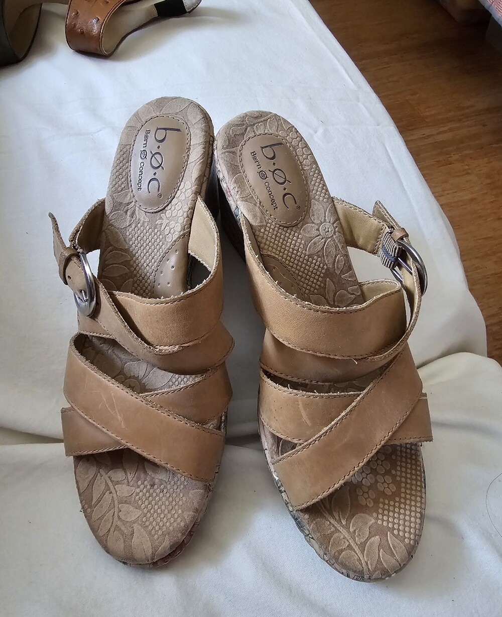 b.o.c. Tan Leather Crisscross Slip-On Heeled Mules